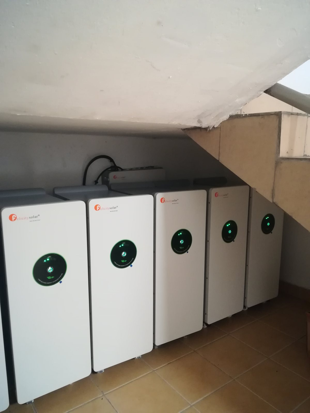 Lithium batteries lined up in a plant room