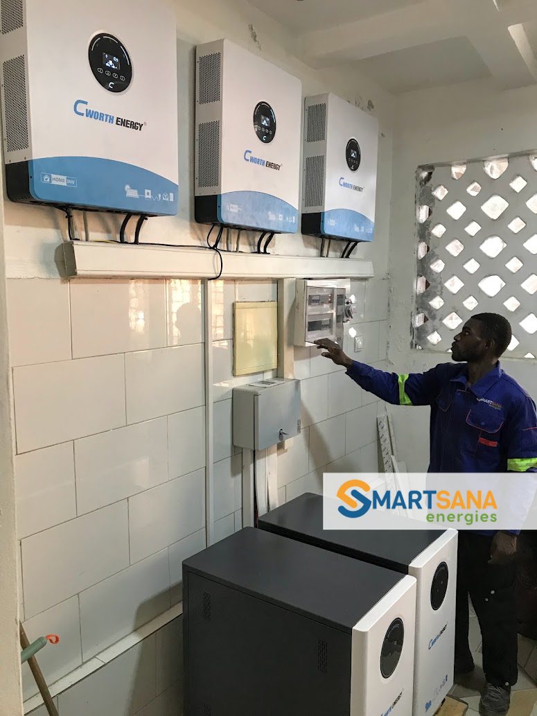 Three CWORTH Energy inverters and batteries of the 36 kVA three-phase system, Douala